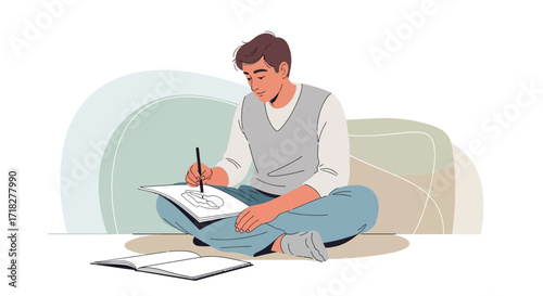 Young Artist Concentrated On Sketching, Depicting Creative Passion And Visual Imagination