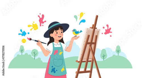 Young Artist Painting Landscape, Embracing Creativity, Colorful Splashes, and Bird Companion