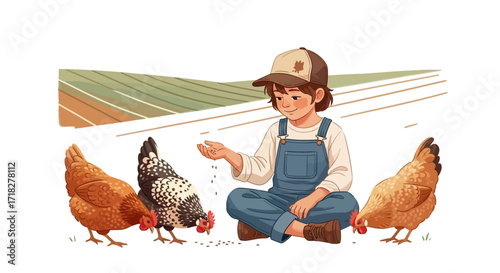 Young Farmer Caring For Chickens Amidst Fields And Farming Environment