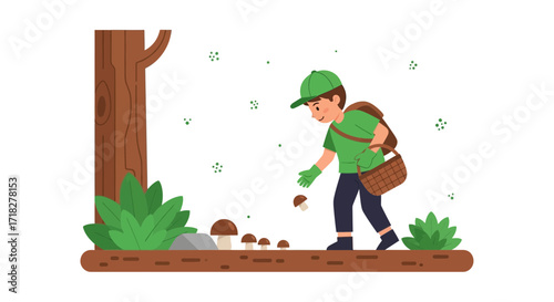 Young Forager Harvesting Fungi In A Forest Clearing With A Basket For Collection