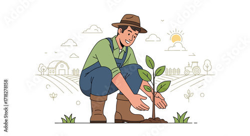 Young Farmer Planting A Sapling On The Farm, Planting A New Tree For A Greener Planet