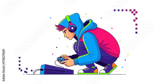 Young Gamer Immersed, Playing Video Games With Headphones, Vector Illustration