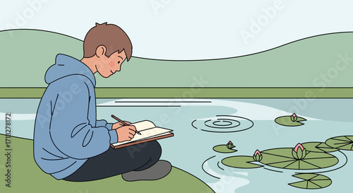 Young Artist Sketches Near Water Lilies and Serene Landscape Capturing the Peaceful Moment