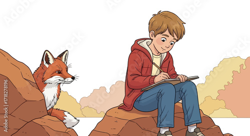 Young Artist Sketching A Fox Encounter During A Sunny Day, Cartoon Illustration Art