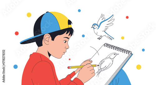 Young Artist's Delight: Boy Sketching Birds In His Notebook Full Of Enthusiasm And Joy