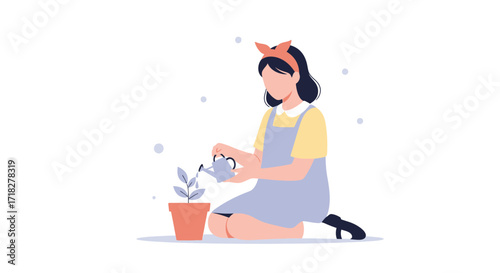 Young Gardener Nurturing Plant in Pot with a Watering Can on a White Background