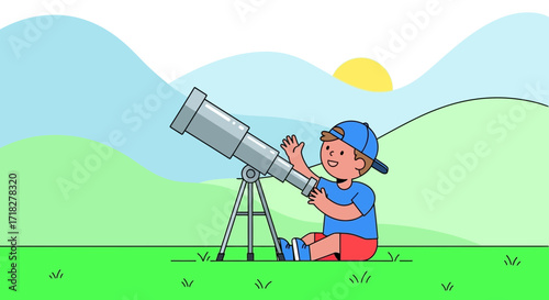 Young Astronomer Gaze at The Stars Through a Telescope, Exploring Wonder and Discovery
