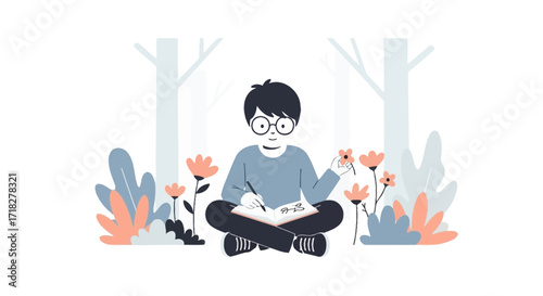 Young Author Sitting Among Flowers, Sketching Nature's Beauty in A Peaceful Glade