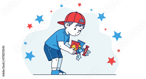 Young Boy Admiring Candy Collection Surrounded By Starry Decorations And A Festive Ambience
