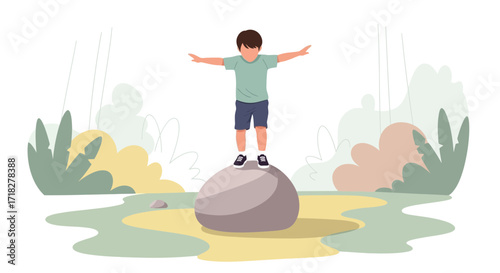 Young Boy Balances atop a Rock, Celebrating Balance and Nature's Embrace