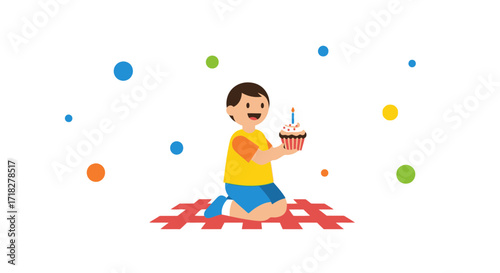 Young Boy Celebrating Birthday With Cupcake And Candle Festive Happy Moments, Vibrant Colors