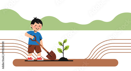 Young Gardener Planting Tree, Environmental Hope and Conservation Illustration