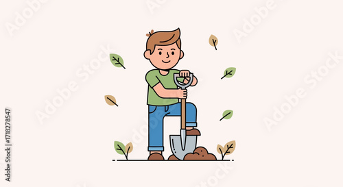 Young Gardener Planting with a Shovel in a Garden with Simple Illustration