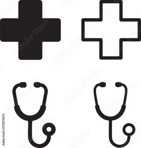 Isolated medical icons, solid cross, line cross, stethoscope icons, filled stethoscope, thin stroke stethoscope, minimal black vector, editable healthcare hospital design