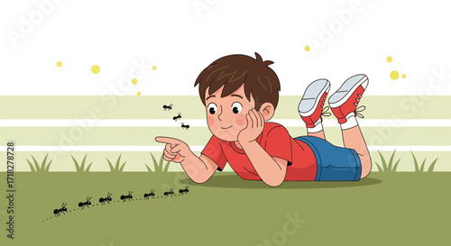 Young Boy Curious Observes Ants Trekking Across the Green Grass in Playful Scene