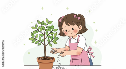 Young Girl Carefully Nurturing Her Plant With Seeds In A Delightful Illustration