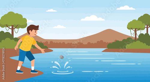 Young Boy Enjoying Outdoor Pastime of Skimming Rocks Creating Serene Lakeside Scene