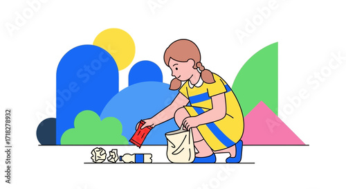 Young Girl Cleans Up Litter, Promoting Environmental Awareness, Saving the Planet