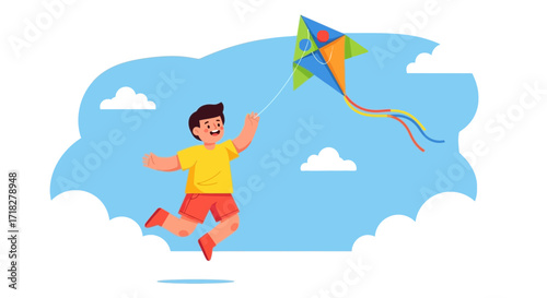 Young Boy Enjoying Playfully, A Sunny Day with a Kite, Joyful Activity
