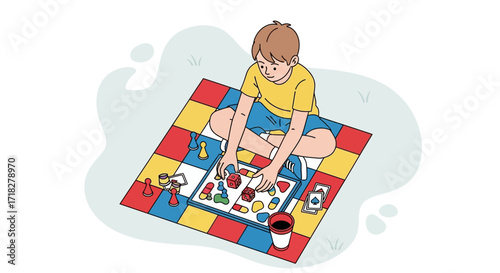 Young Boy Enjoys Board Game Fun Outdoors On A Playful And Colorful Mat