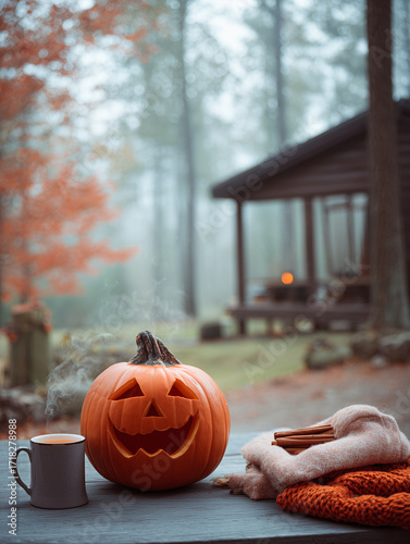 Carved jack o’lantern pumpkin with steaming mug, cozy blankets, and cinnamon sticks on a table near a cabin in autumn woods.