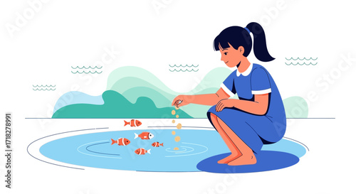Young Girl Delightfully Feeds Vibrant Fish In Clear Water Of A Pond Artwork
