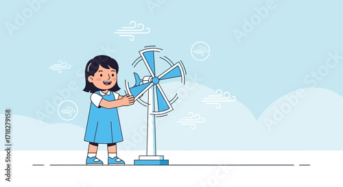 Young Girl Energetically Interacting With Turbine Demonstrating Renewable Energy Concept