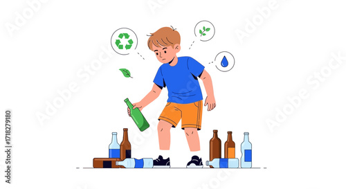 Young Boy Gathering Discarded Bottles for Sustainable Recycling Initiative