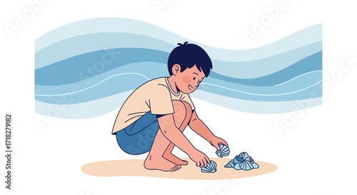Young Boy Gathering Seashells on the Shoreline With Waves in the Backdrop Illustration