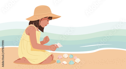 Young Girl Enjoying Collecting Seashells On A Sunny Beach Near The Calm Ocean Waters