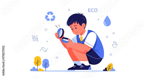 Young Boy Inspecting Recycled Materials, Demonstrating Environmental Responsibility Practices