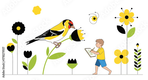 Young Boy Journaling a Goldfinch Bird in Floral Fields with Contemporary Illustrative Style