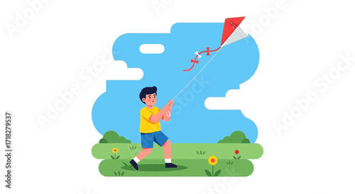 Young Boy Joyfully Launches a Red Kite in a Picturesque Bright Sunny Enviroment
