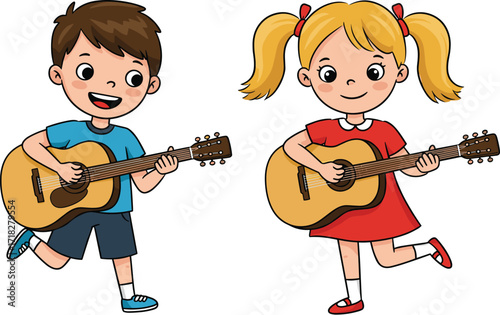 Cartoon children playing guitar, happy kids music illustration, acoustic instrument, musical activity, joyful performance, childhood fun, educational art, vector