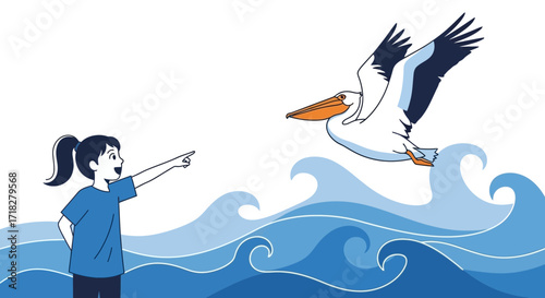 Young Girl Observing Pelican Soaring Above Blue Ocean Waves With Joyful Inspiration