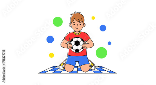 Young Boy Kneeling on Checkered Mat, Holding a Soccer Ball, Smiling Enthusiastically