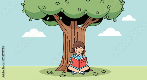 Young Girl Reading A Book Under Tree Enjoying A Calm And Relaxing Moment Outdoor