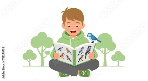 Young Boy Learning About Ornithology While Observing Colorful Birds In Nature