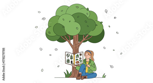 Young Girl Reading Nature Book Under Tree Outdoors on Bright Sunny Day
