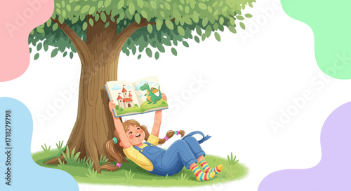 Young Girl Reading Book Under Tree, Enjoying Fairytale Story in a Peaceful Setting
