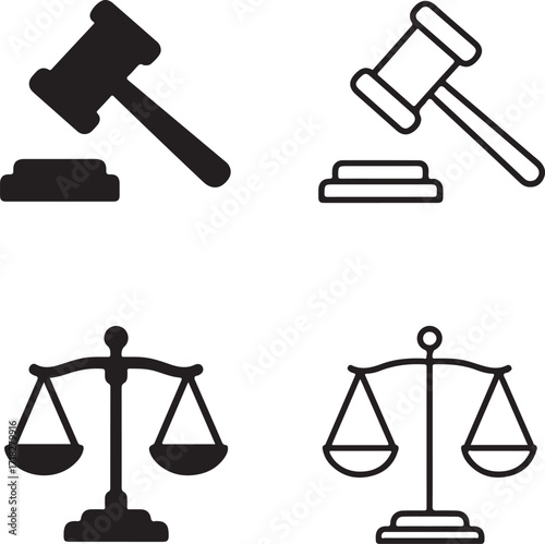 Isolated gavel icons, solid gavel, line gavel, justice icons, filled scales, thin stroke scales, minimal black vector, editable law court legal decision design