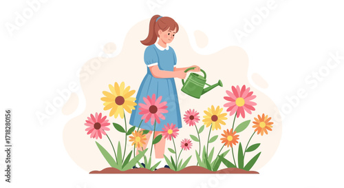 Young Girl Watering Flowers in Her Garden, Showing Her Passionate Gardening