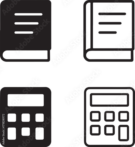 Isolated ledger icons, solid ledger, line ledger, calculator icons, filled calculator, thin stroke calculator, minimal black vector, editable accounting finance record design
