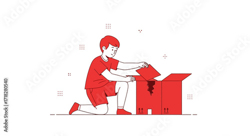 Young Individual Kneeling Alongside a Bright Red Box, Organizing Its Contents Beautifully