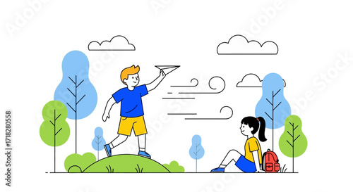 Young Individuals Enjoying Leisure Time outdoors Together with a Paper Airplane