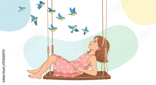 Young Lady On Swing Watching Lovely Birds In A Harmonious And Peaceful Environment