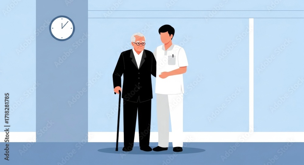 Obraz premium Elderly Man with Caregiver Support , Compassion and Care Illustration with Minimal Blue Background