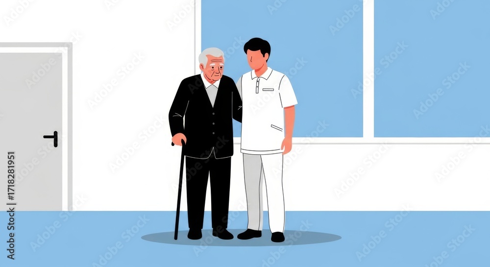 Fototapeta premium Elderly Man with Caregiver Support , Compassion and Care Illustration with Minimal Blue Background