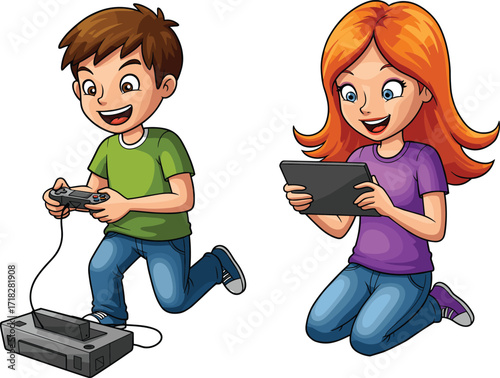Cartoon children playing video games, boy with console controller, girl with tablet, digital entertainment, fun activity, indoor gaming, technology use