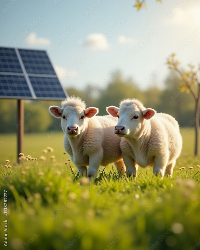 Fototapeta premium Two adorable calf standing side by side near a solar panel in a sunny field. The young calves are in a natural outdoor setting under a clear sky.